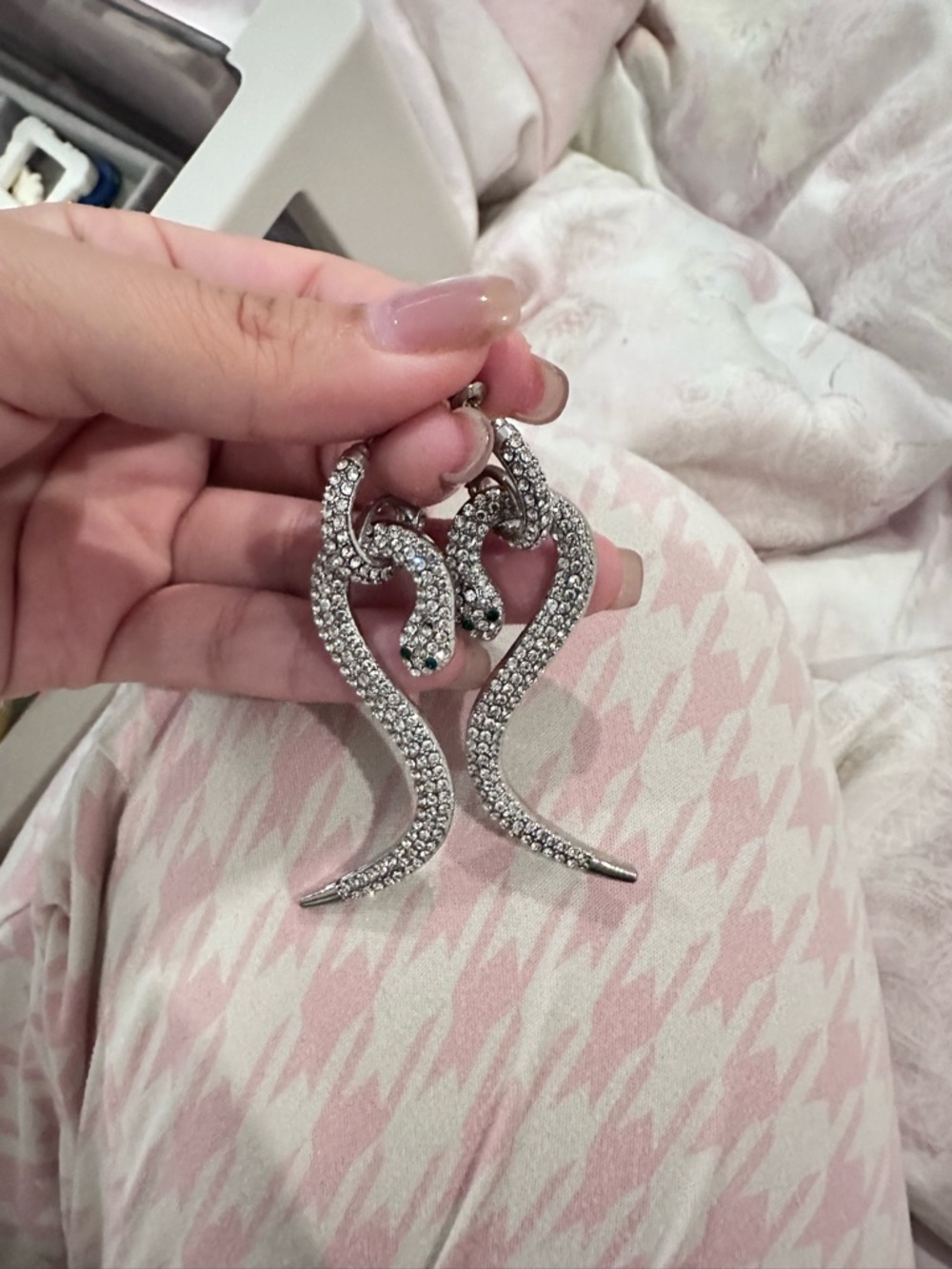 Crystal Snake Heart Drop Earrings - Silver